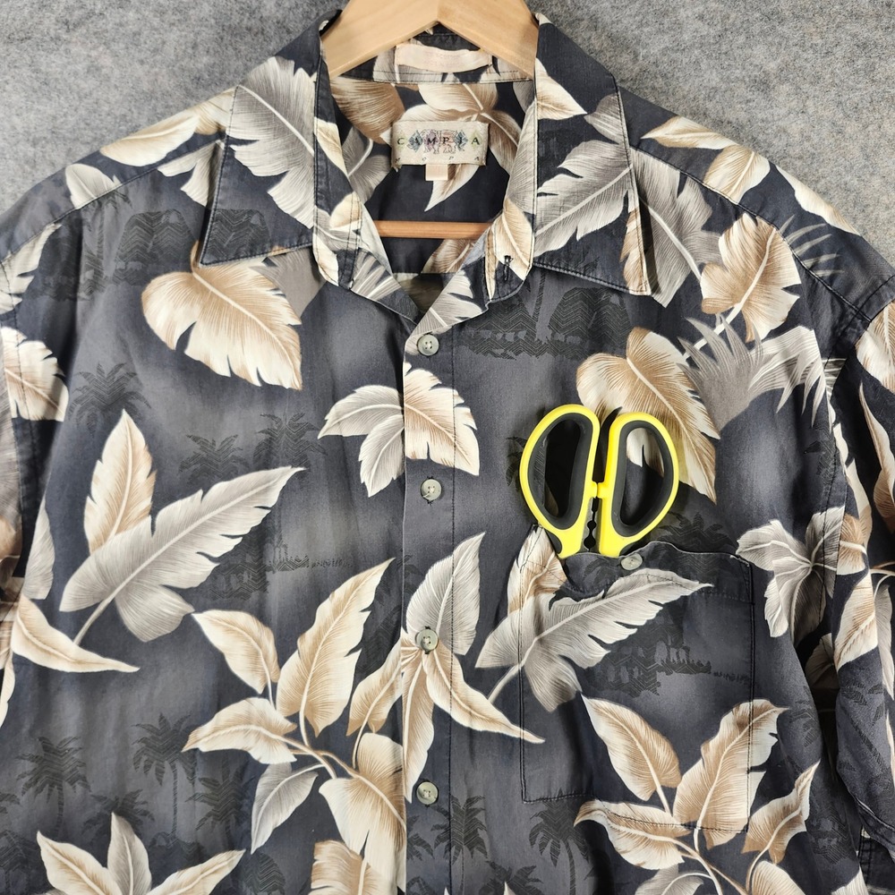 Campia Moda Mens XL Cotton Tropical Palm Leaf Hut Hawaiian Shirt Black VTG Flaw